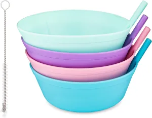 Cereal Bowls with Straws for Kids Childrens Bowls with Straw Built in for Kids Plastic Straw Bowls for Toddlers Dishwasher Safe BPA FREE Girls (4)