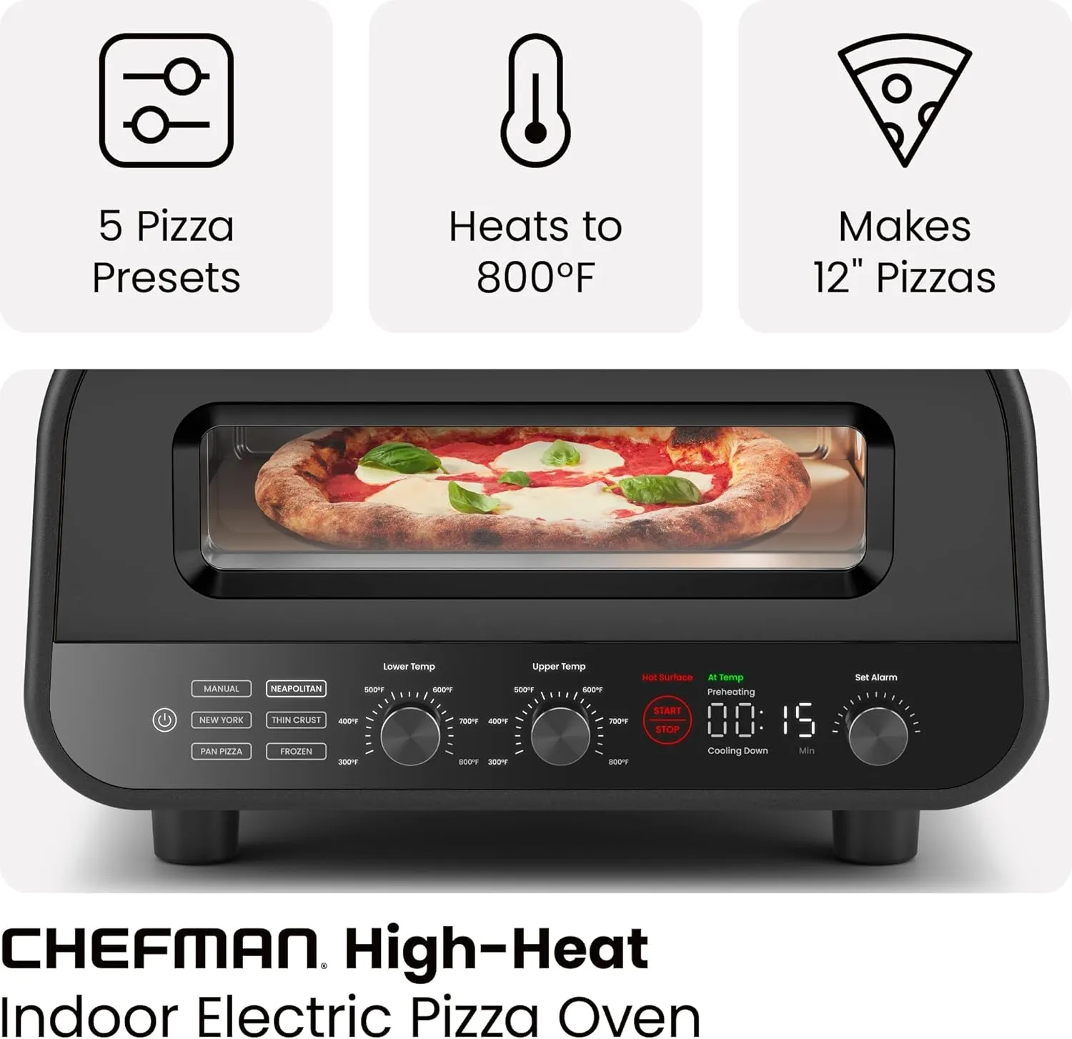 CHEFMAN Indoor Pizza Oven - Makes 12 Inch Pizzas in Minutes, Heats up to 800°F - Countertop Electric Pizza Maker with 5 Touchscreen Presets, Pizza Stone and Peel Included - Stainless Black