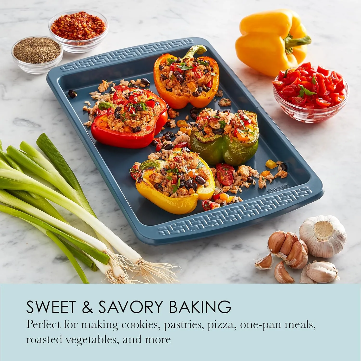 Chicago Metallic Everyday Non-stick Small baking Sheet, Perfect for making cookies, one-pan meals, roasted vegetables, and more! 15.94 x 9.94 x 1 Inch, Blue (Pack of 2)