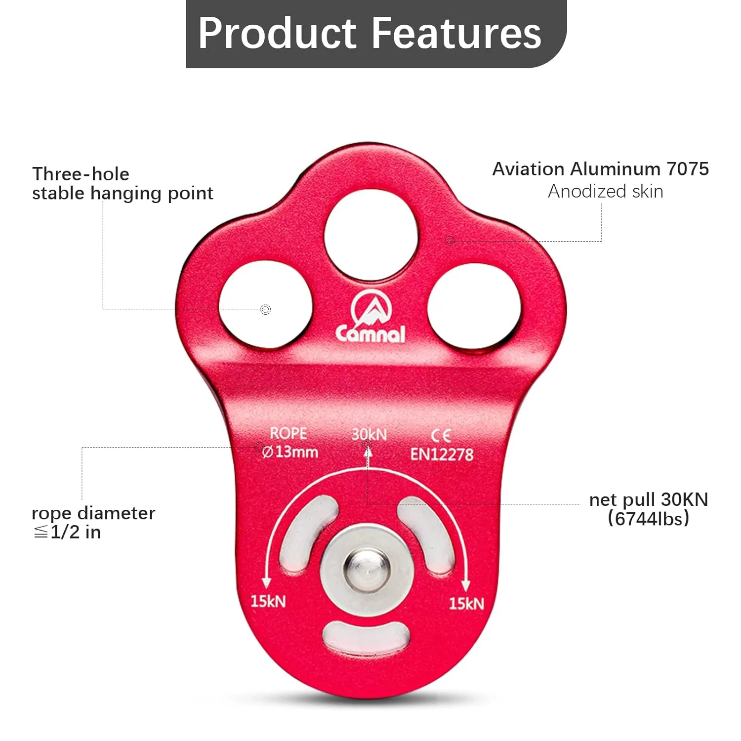 Climbing Pulley 3 Hole Climbing Pulley Stable Traction Climbing Pulley Device Zipline System Pulley, Suit for Tree Work, Rope Climbing and More, Red