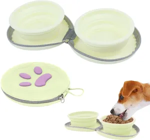 Collapsible Dog Bowls, 2-in-1 Pet Portable Travel Double Bowl Water Food Feeder Traveling Camping & Walking 25oz Light Yellow