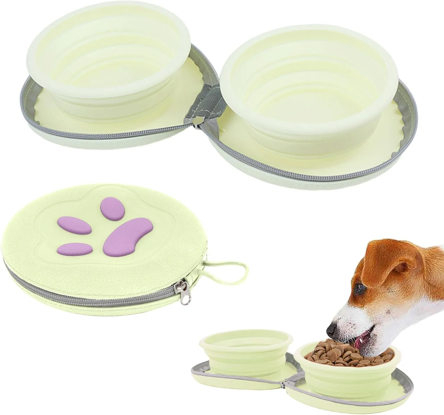 Collapsible Dog Bowls, 2-in-1 Pet Portable Travel Double Bowl Water Food Feeder Traveling Camping & Walking 25oz Light Yellow