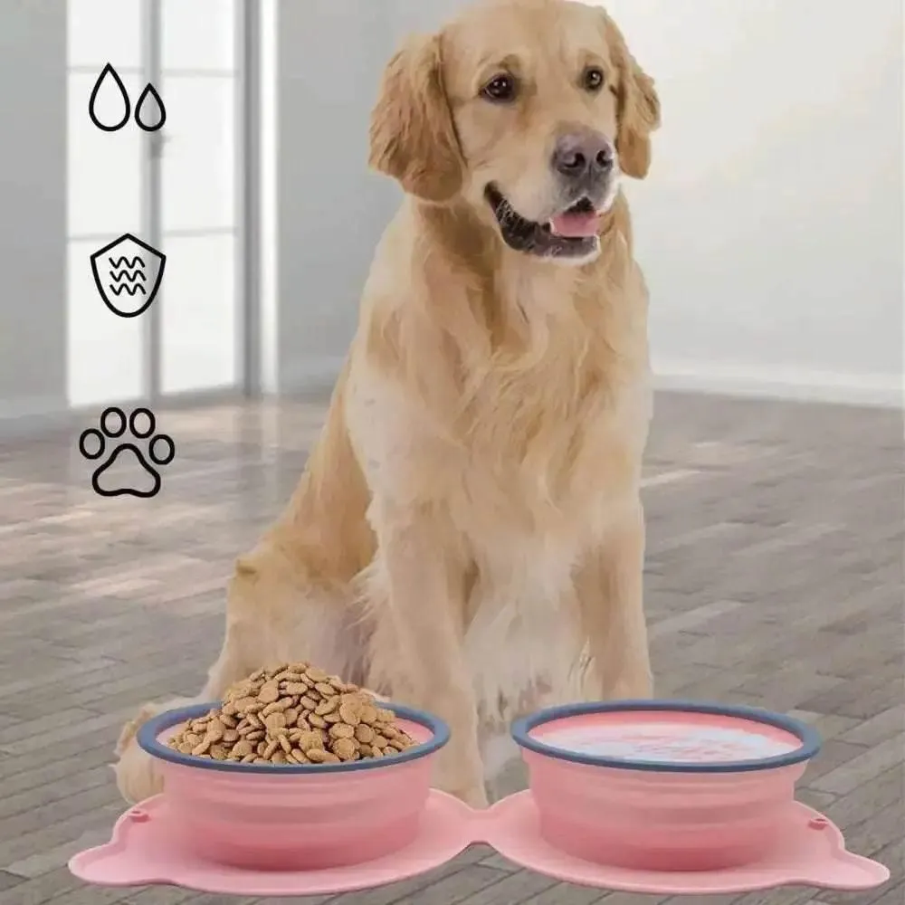 Collapsible Silicone Double Dog Bowl Travel Mat Feeder