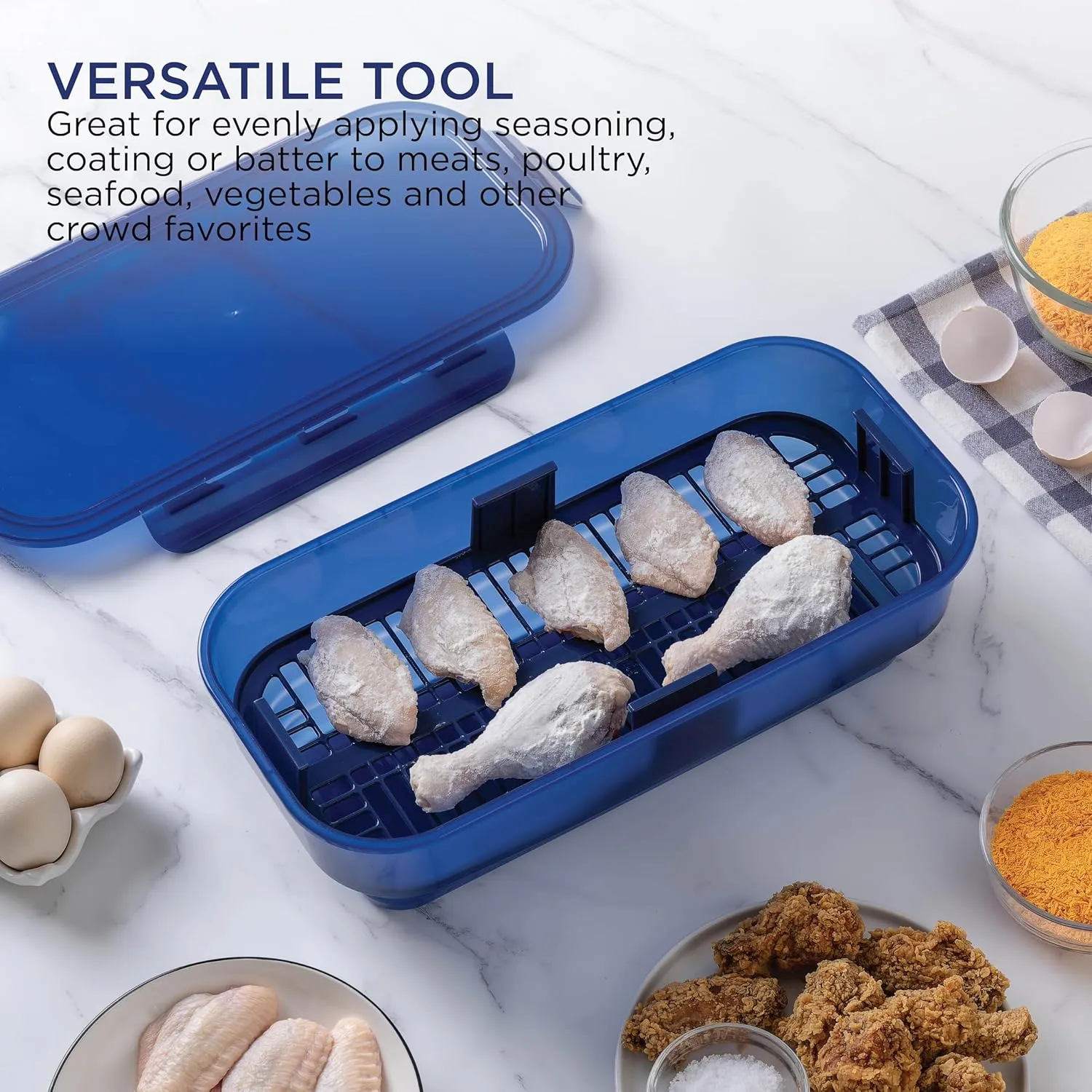 COOK WITH COLOR Collapsible Batter Bowl - Mess Free Breading Shaker Container - Great for Fried Fish, Fried Chicken, Onion Rings, Wings & More, Navy