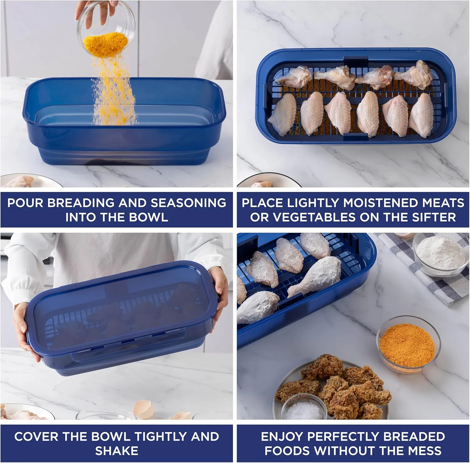 COOK WITH COLOR Collapsible Batter Bowl - Mess Free Breading Shaker Container - Great for Fried Fish, Fried Chicken, Onion Rings, Wings & More, Navy