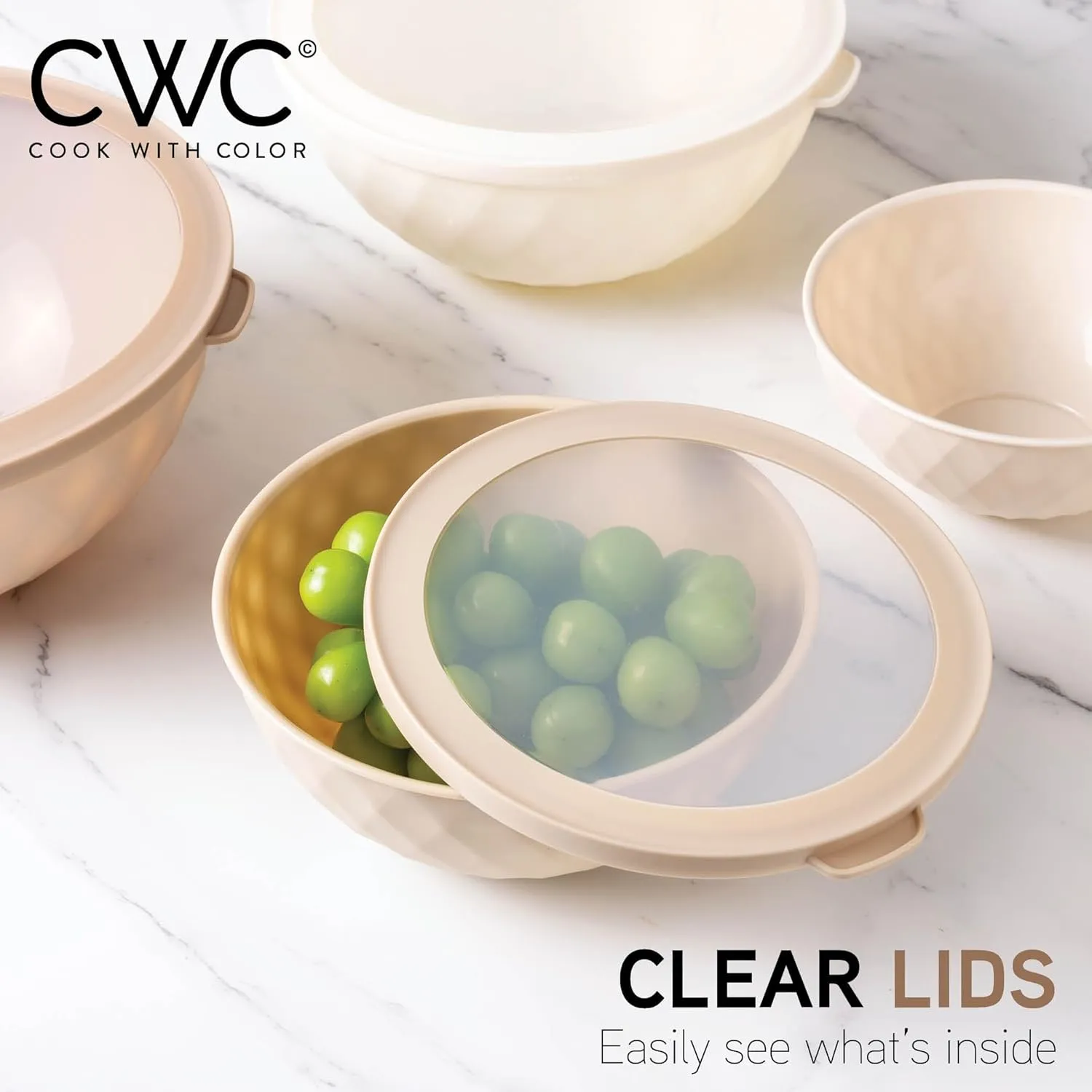 COOK WITH COLOR Mixing Bowls with Lids - 12 Piece Plastic Nesting Bowls Set includes 6 Prep Bowls and 6 Lids, Non Slip Bottom and Diamond Design - Microwave Safe