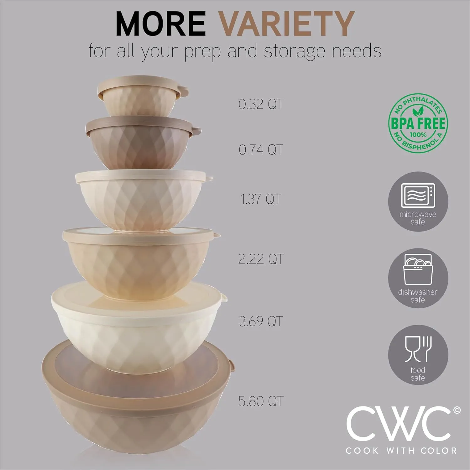 COOK WITH COLOR Mixing Bowls with Lids - 12 Piece Plastic Nesting Bowls Set includes 6 Prep Bowls and 6 Lids, Non Slip Bottom and Diamond Design - Microwave Safe
