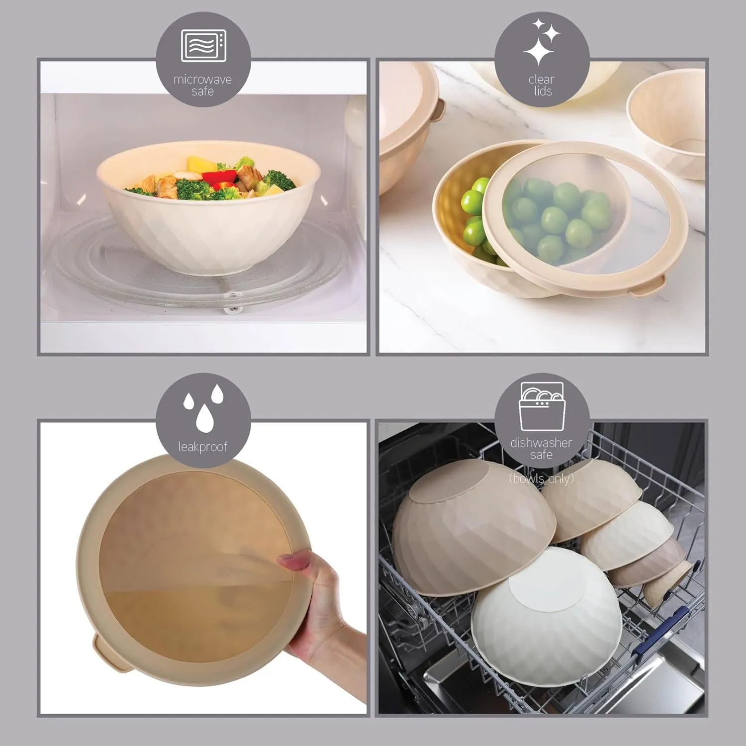COOK WITH COLOR Mixing Bowls with Lids - 12 Piece Plastic Nesting Bowls Set includes 6 Prep Bowls and 6 Lids, Non Slip Bottom and Diamond Design - Microwave Safe