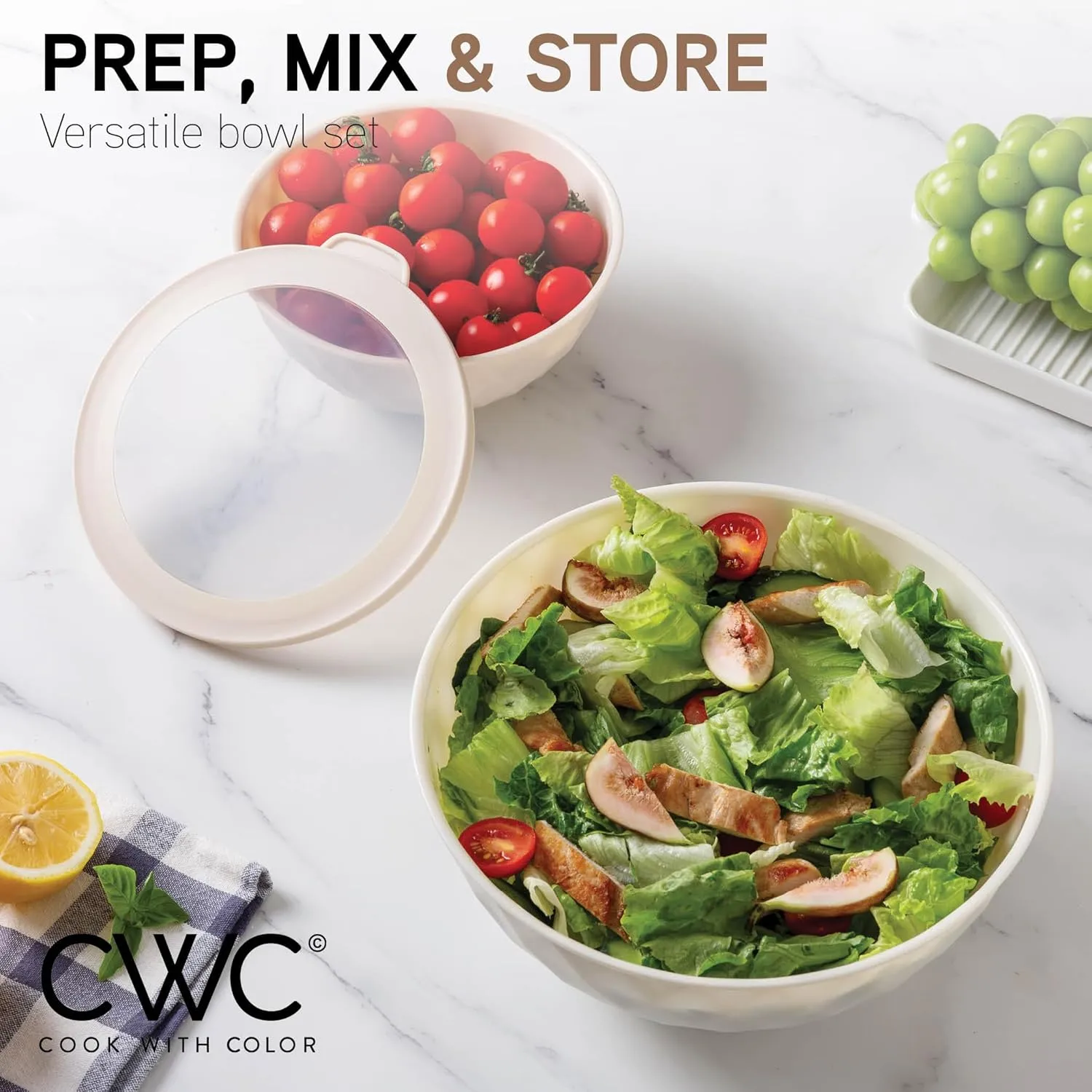 COOK WITH COLOR Mixing Bowls with Lids - 12 Piece Plastic Nesting Bowls Set includes 6 Prep Bowls and 6 Lids, Non Slip Bottom and Diamond Design - Microwave Safe