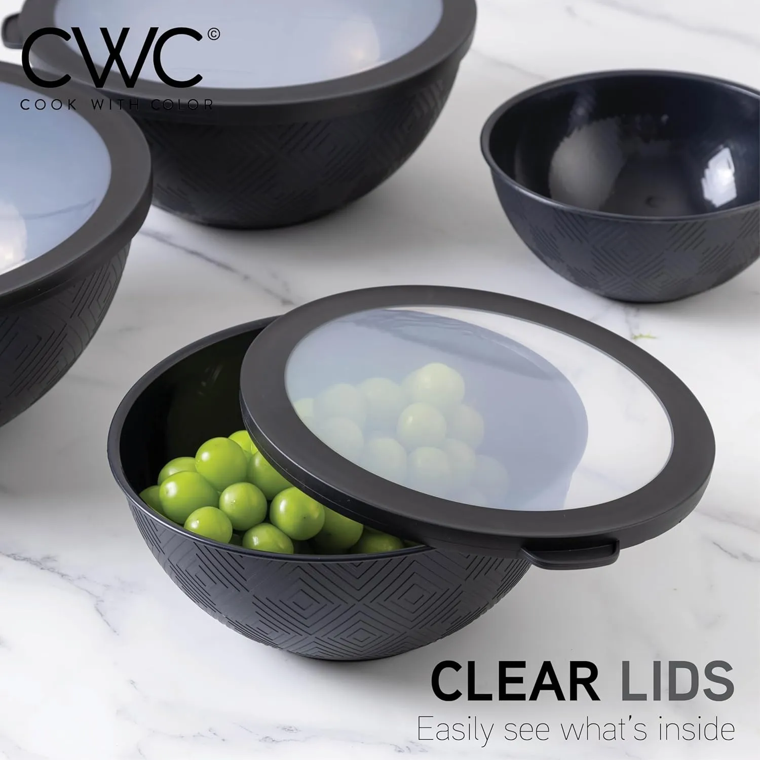 COOK WITH COLOR Mixing Bowls with Lids - 12 Piece Plastic Nesting Bowls Set includes 6 Prep Bowls and 6 Lids, Non Slip Bottom and Rhombus Design - Microwave Safe (Black)