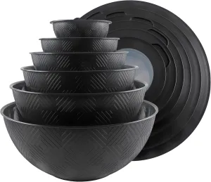 COOK WITH COLOR Mixing Bowls with Lids - 12 Piece Plastic Nesting Bowls Set includes 6 Prep Bowls and 6 Lids, Non Slip Bottom and Rhombus Design - Microwave Safe (Black)