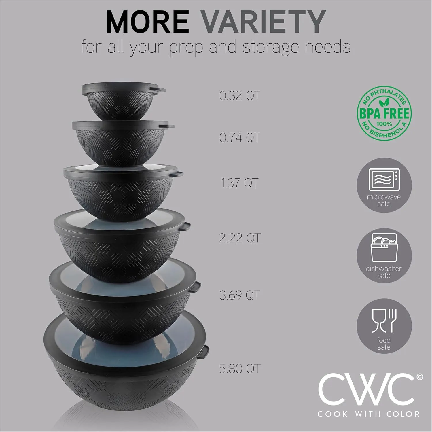 COOK WITH COLOR Mixing Bowls with Lids - 12 Piece Plastic Nesting Bowls Set includes 6 Prep Bowls and 6 Lids, Non Slip Bottom and Rhombus Design - Microwave Safe (Black)