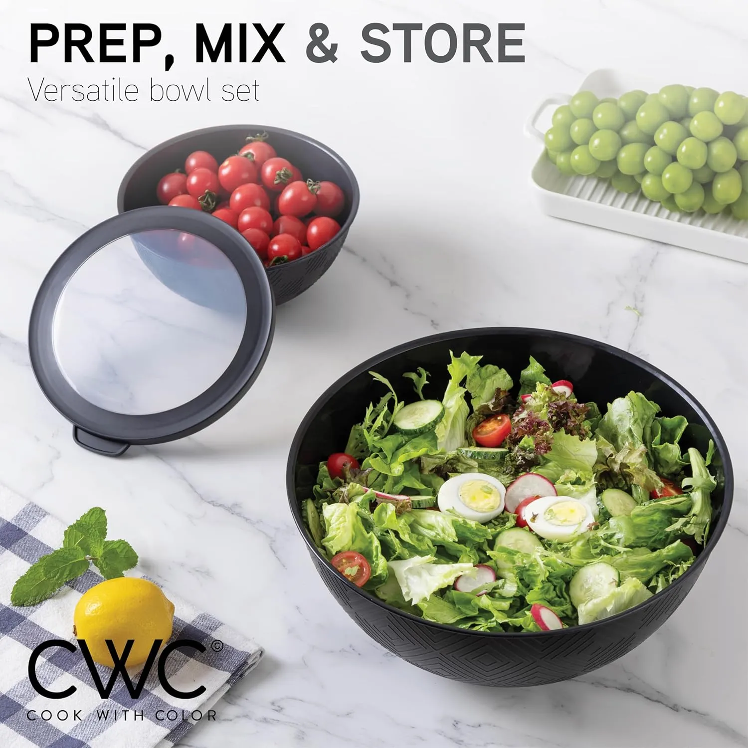 COOK WITH COLOR Mixing Bowls with Lids - 12 Piece Plastic Nesting Bowls Set includes 6 Prep Bowls and 6 Lids, Non Slip Bottom and Rhombus Design - Microwave Safe (Black)