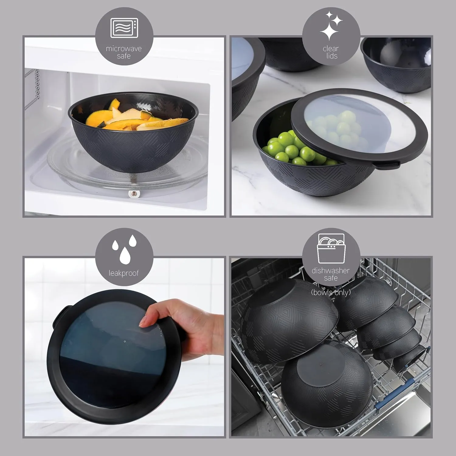 COOK WITH COLOR Mixing Bowls with Lids - 12 Piece Plastic Nesting Bowls Set includes 6 Prep Bowls and 6 Lids, Non Slip Bottom and Rhombus Design - Microwave Safe (Black)