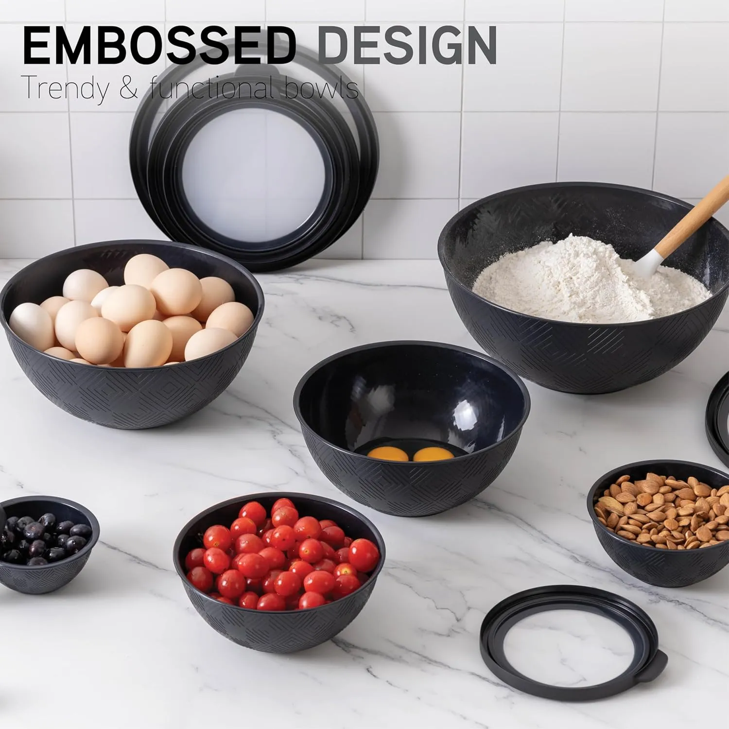 COOK WITH COLOR Mixing Bowls with Lids - 12 Piece Plastic Nesting Bowls Set includes 6 Prep Bowls and 6 Lids, Non Slip Bottom and Rhombus Design - Microwave Safe (Black)