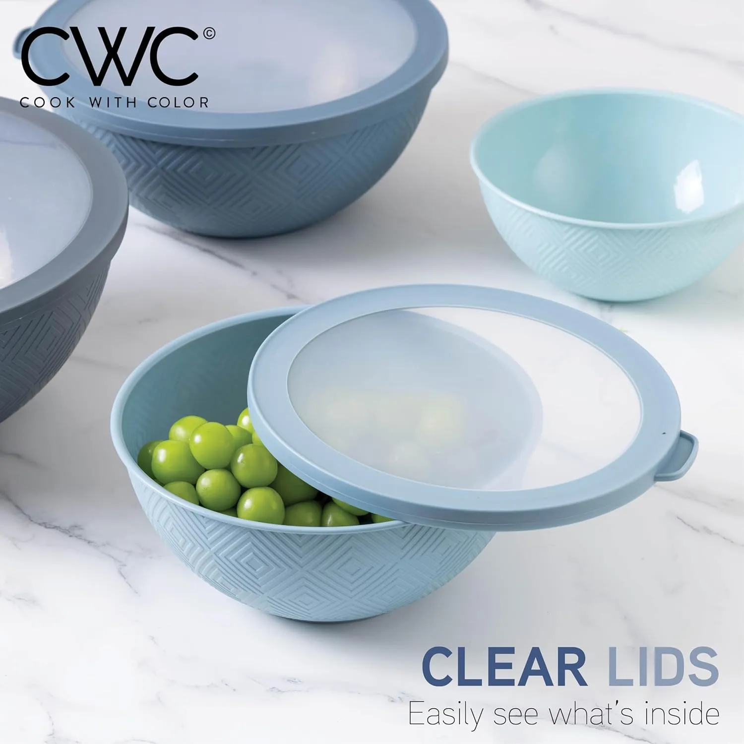 COOK WITH COLOR Mixing Bowls with Lids - 12 Piece Plastic Nesting Bowls Set includes 6 Prep Bowls and 6 Lids, Non Slip Bottom and Rhombus Design - Microwave Safe (Blue)