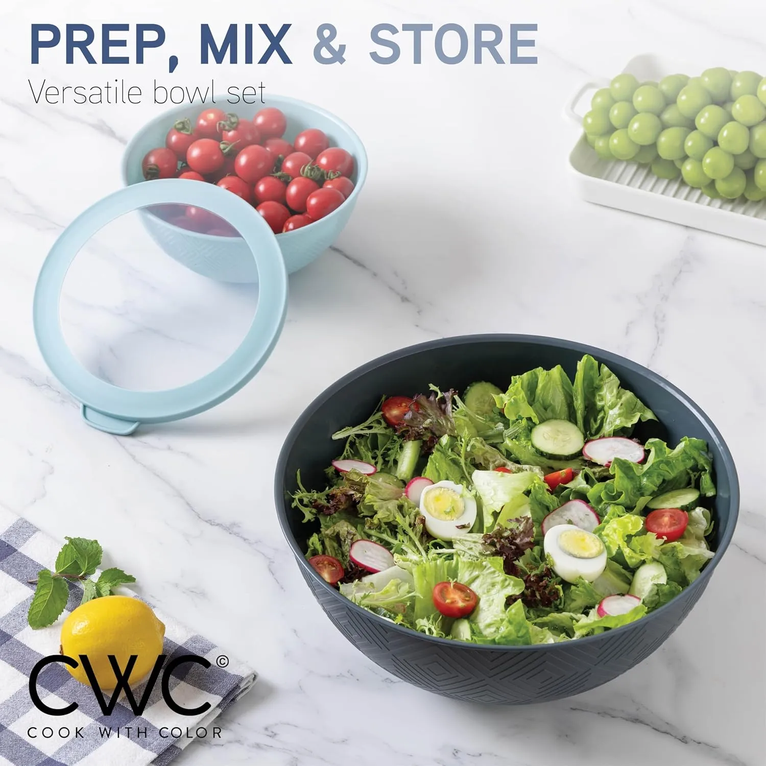COOK WITH COLOR Mixing Bowls with Lids - 12 Piece Plastic Nesting Bowls Set includes 6 Prep Bowls and 6 Lids, Non Slip Bottom and Rhombus Design - Microwave Safe (Blue)