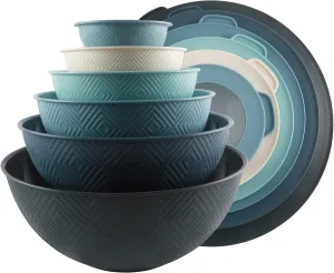 COOK WITH COLOR Mixing Bowls with Lids - 12 Piece Plastic Nesting Bowls Set includes 6 Prep Bowls and 6 Lids, Non Slip Bottom and Rhombus Design - Microwave Safe (Blue)