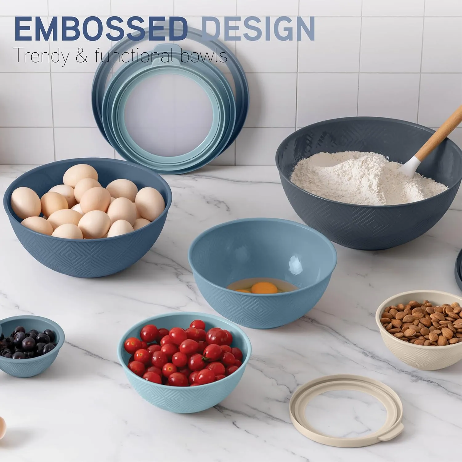 COOK WITH COLOR Mixing Bowls with Lids - 12 Piece Plastic Nesting Bowls Set includes 6 Prep Bowls and 6 Lids, Non Slip Bottom and Rhombus Design - Microwave Safe (Blue)