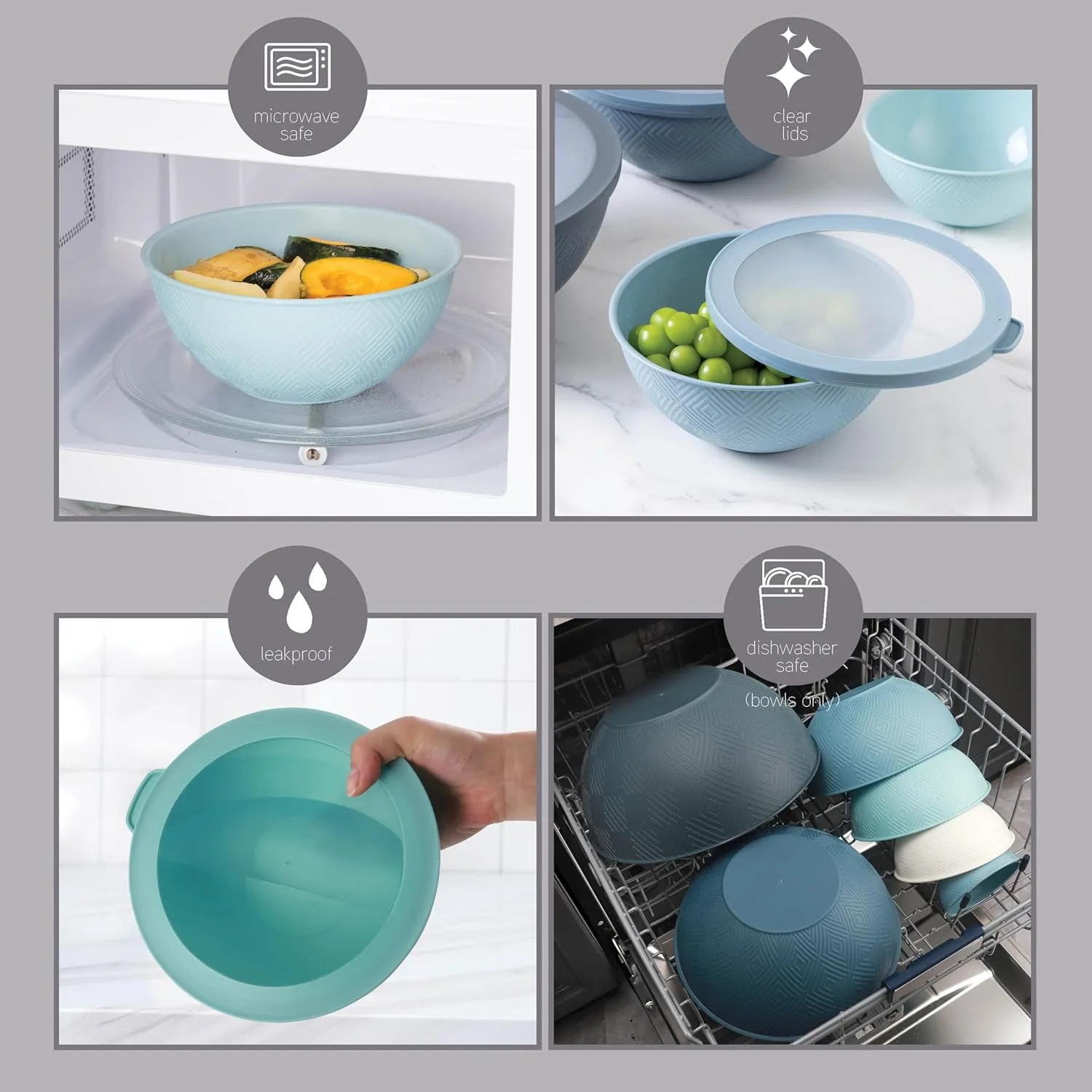 COOK WITH COLOR Mixing Bowls with Lids - 12 Piece Plastic Nesting Bowls Set includes 6 Prep Bowls and 6 Lids, Non Slip Bottom and Rhombus Design - Microwave Safe (Blue)