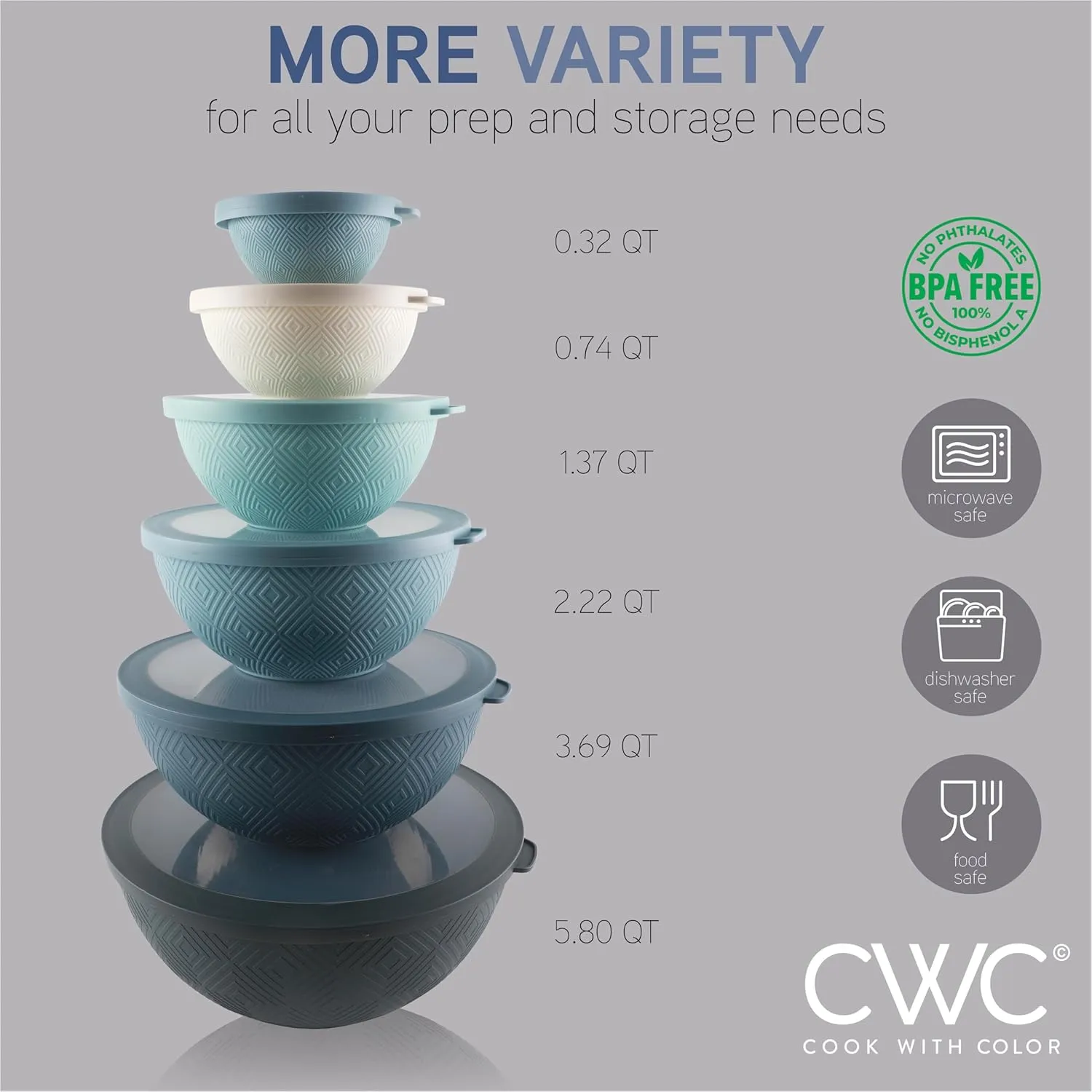 COOK WITH COLOR Mixing Bowls with Lids - 12 Piece Plastic Nesting Bowls Set includes 6 Prep Bowls and 6 Lids, Non Slip Bottom and Rhombus Design - Microwave Safe (Blue)