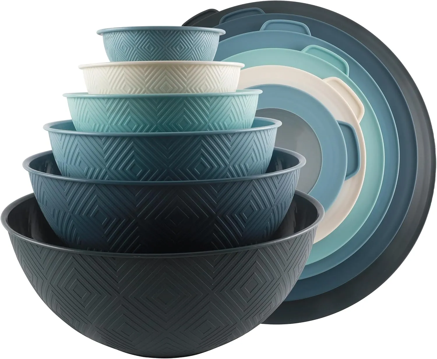 COOK WITH COLOR Mixing Bowls with Lids - 12 Piece Plastic Nesting Bowls Set includes 6 Prep Bowls and 6 Lids, Non Slip Bottom and Rhombus Design - Microwave Safe (Blue)