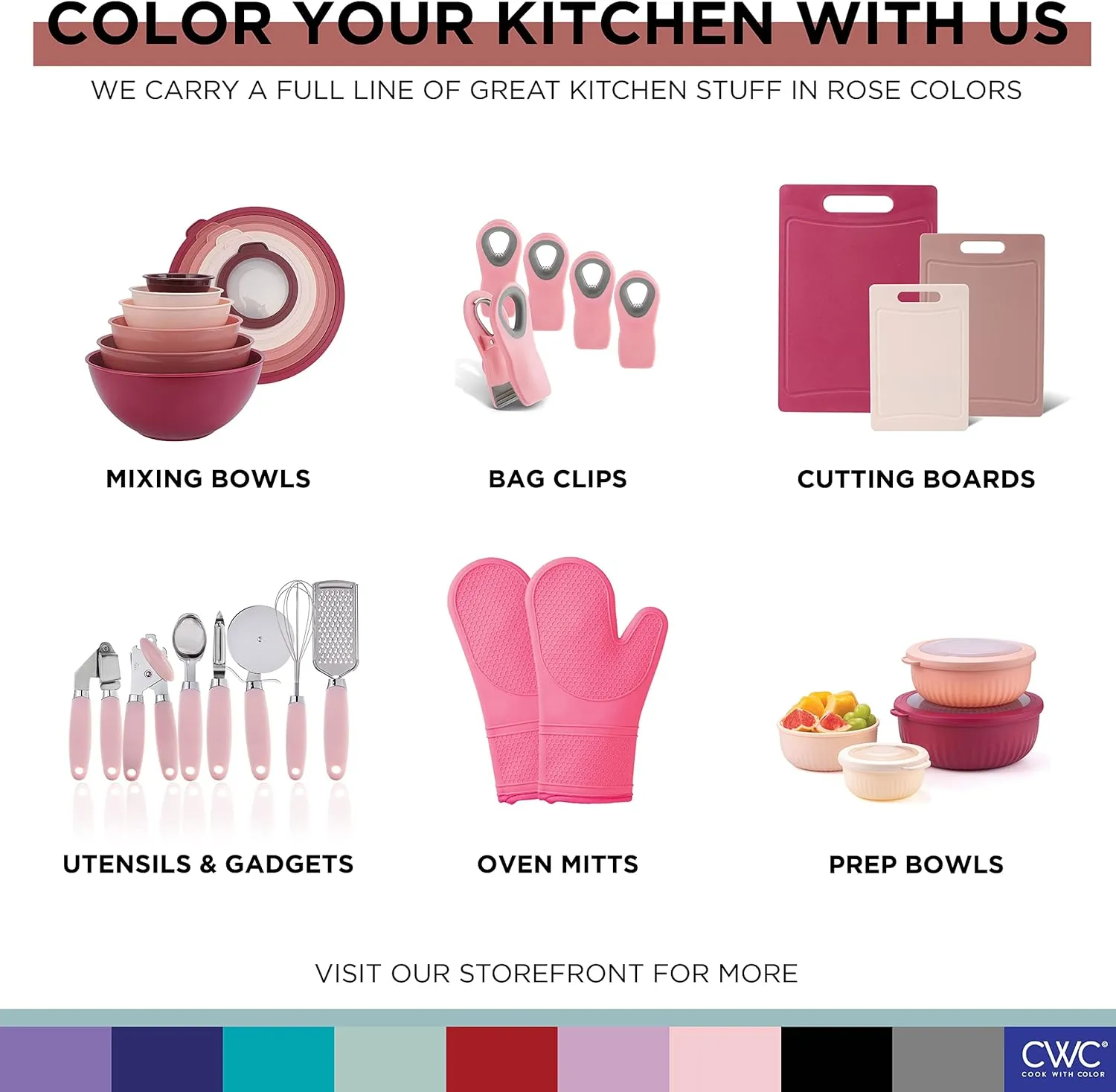 COOK WITH COLOR Mixing Bowls with TPR Lids - 12 Piece Plastic Nesting Bowls Set includes 6 Prep Bowls and 6 Lids, Microwave Safe (Rose)