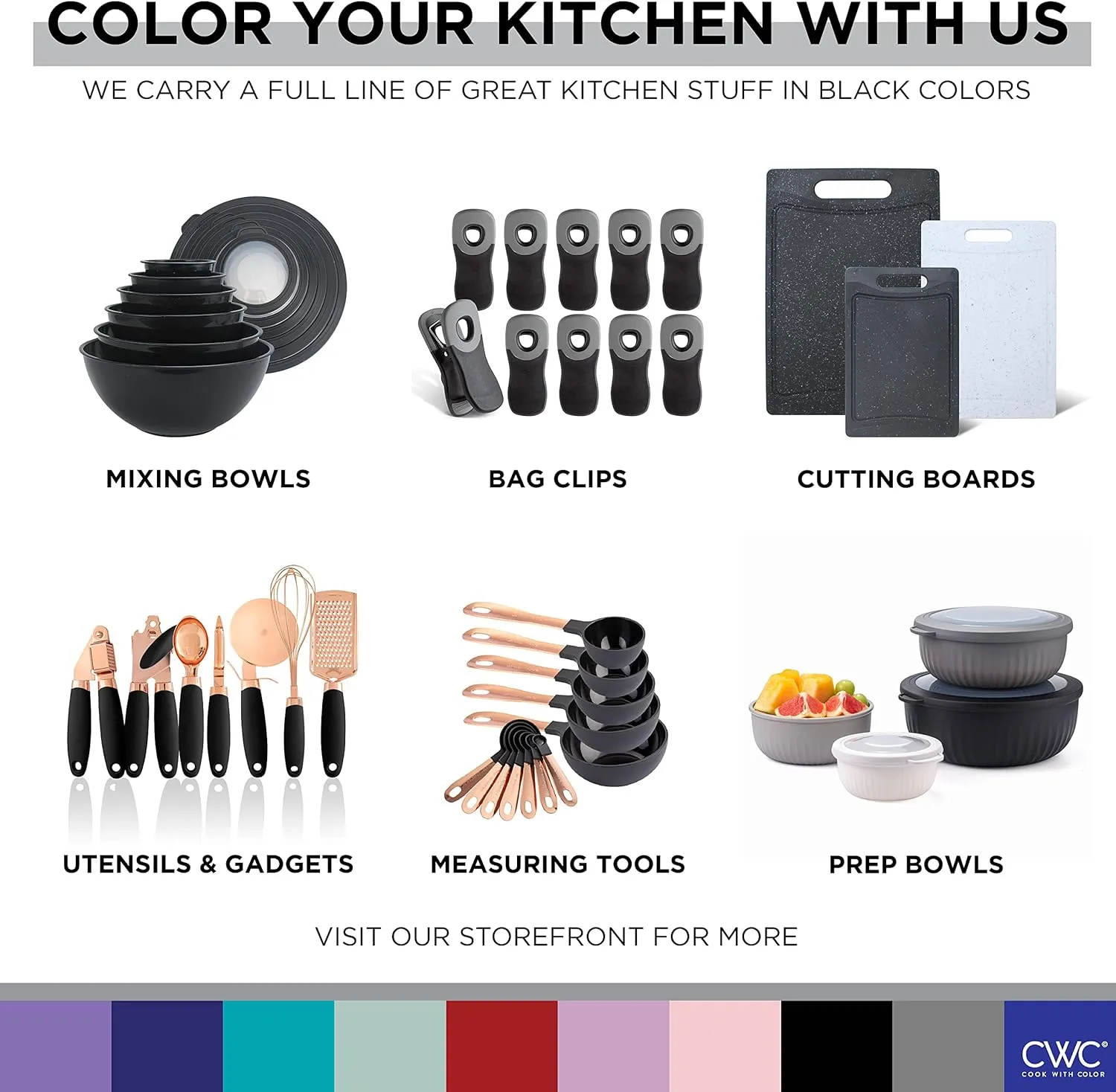 COOK WITH COLOR Mixing Bowls with TPR Lids - 12 Piece Plastic Nesting Set includes 6 Prep and Lids, Microwave Safe Bowl (Black Ombre)