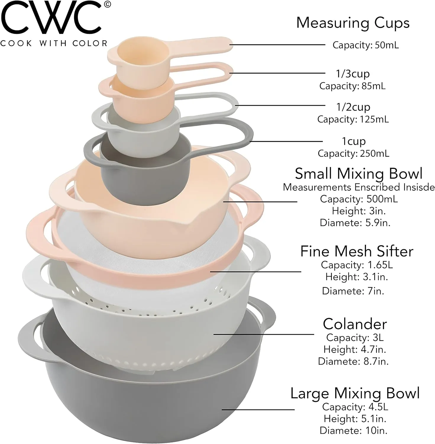 COOK WITH COLOR Nesting Bowls with Measuring Cups Colander and Sifter Set - Includes Mixing Bowls, Colander, Sifter and Measuring Cups, Pink, 8 Pc Bowl