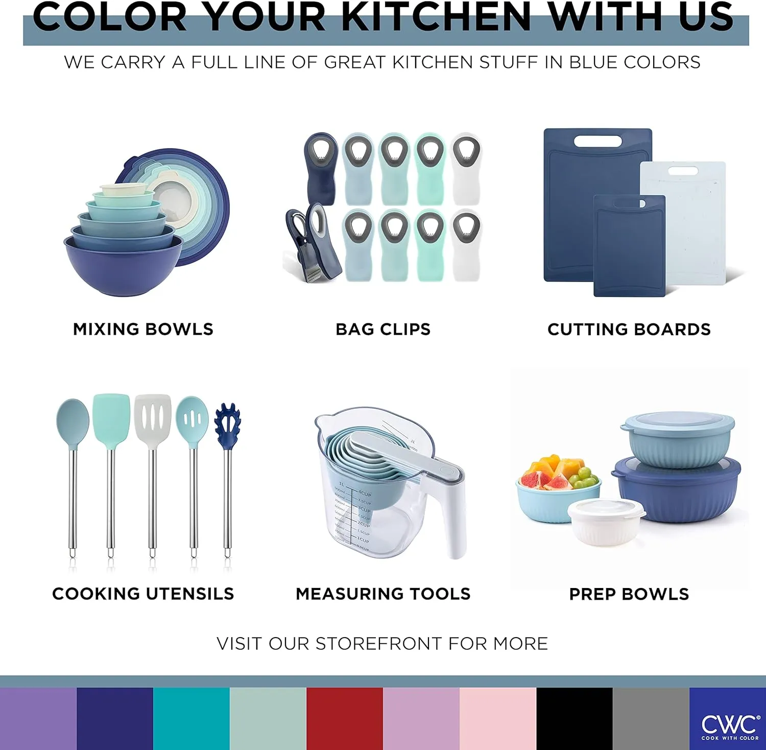 COOK WITH COLOR Plastic Mixing Bowls with Lids - 12 Piece Nesting Bowls Set includes 6 Prep Bowls and 6 Lids, Microwave Safe (Blue Ombre)