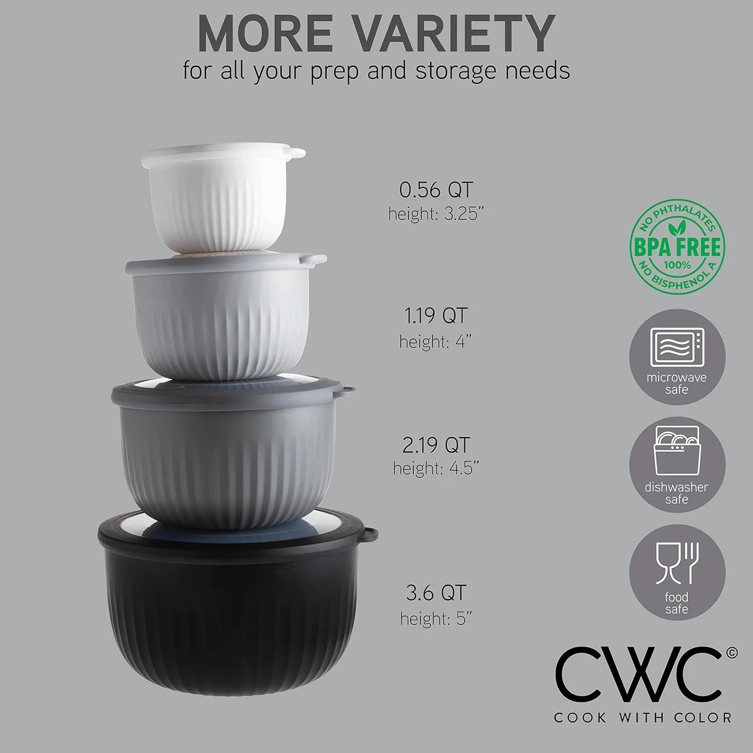 COOK WITH COLOR Prep Bowls with Lids- Wide and Deep Nesting Plastic Small Mixing Bowl Set with Lids, 8 Piece Set - Deep Bowls, Black/White