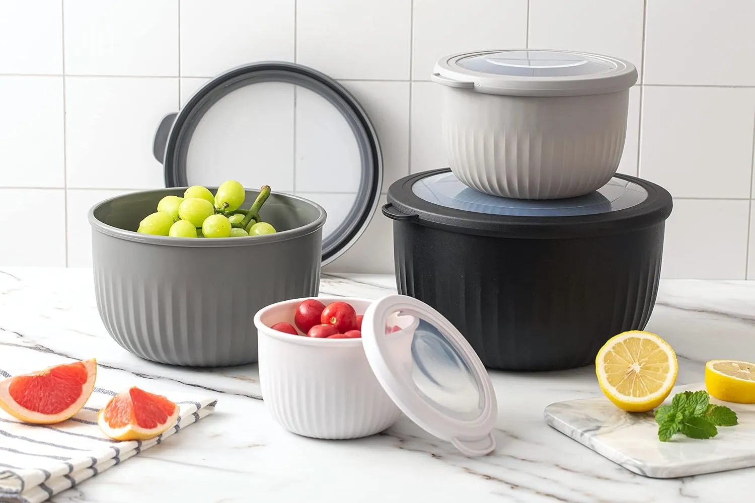 COOK WITH COLOR Prep Bowls with Lids- Wide and Deep Nesting Plastic Small Mixing Bowl Set with Lids, 8 Piece Set - Deep Bowls, Black/White