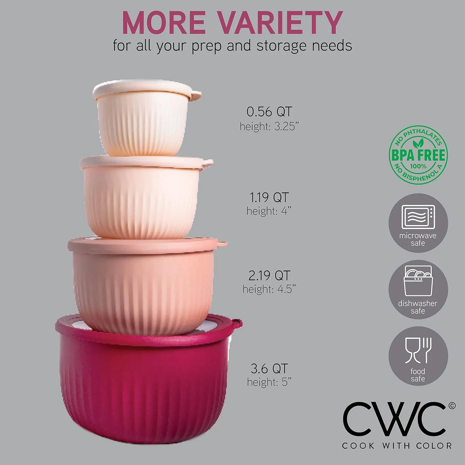 COOK WITH COLOR Prep Bowls with Lids- Wide and Deep Nesting Plastic Small Mixing Bowl Set with Lids, 8 Piece Set - Deep Bowls, Rose