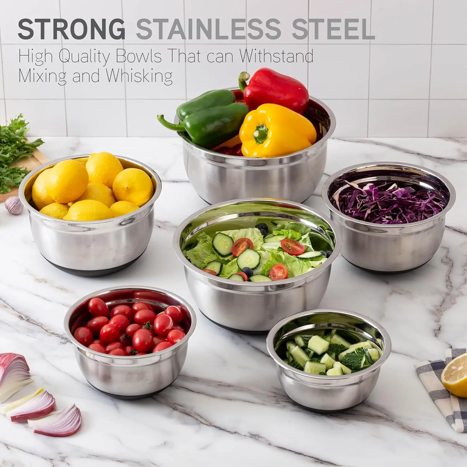 Country Kitchen Mixing Bowls with Airtight Lids - 12 piece Stainless Steel Metal Nesting Storage Bowls, Non-Slip Bottoms (Black)