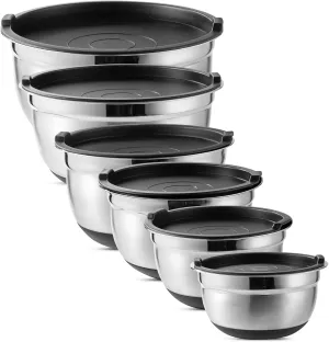 Country Kitchen Mixing Bowls with Airtight Lids - 12 piece Stainless Steel Metal Nesting Storage Bowls, Non-Slip Bottoms (Black)