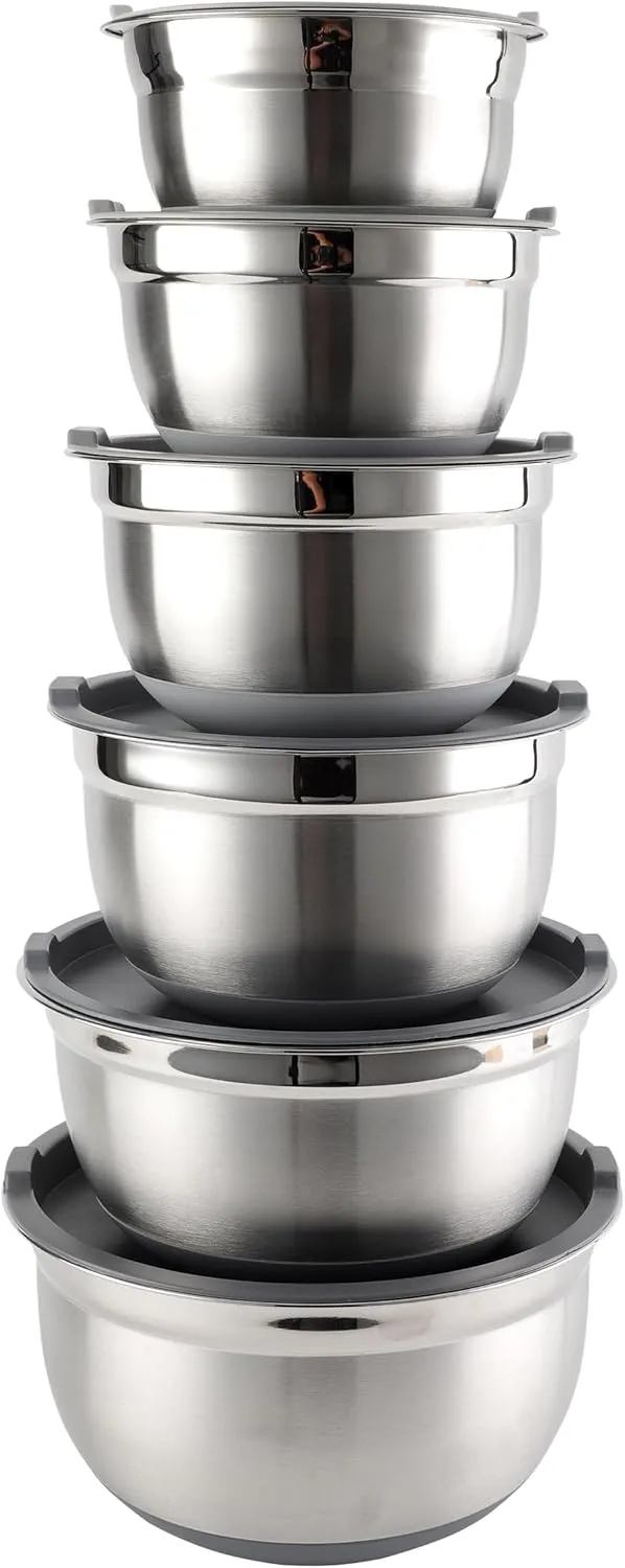 Country Kitchen Mixing Bowls with Airtight Lids - 12 piece Stainless Steel Metal Nesting Storage Bowls, Non-Slip Bottoms (Grey)