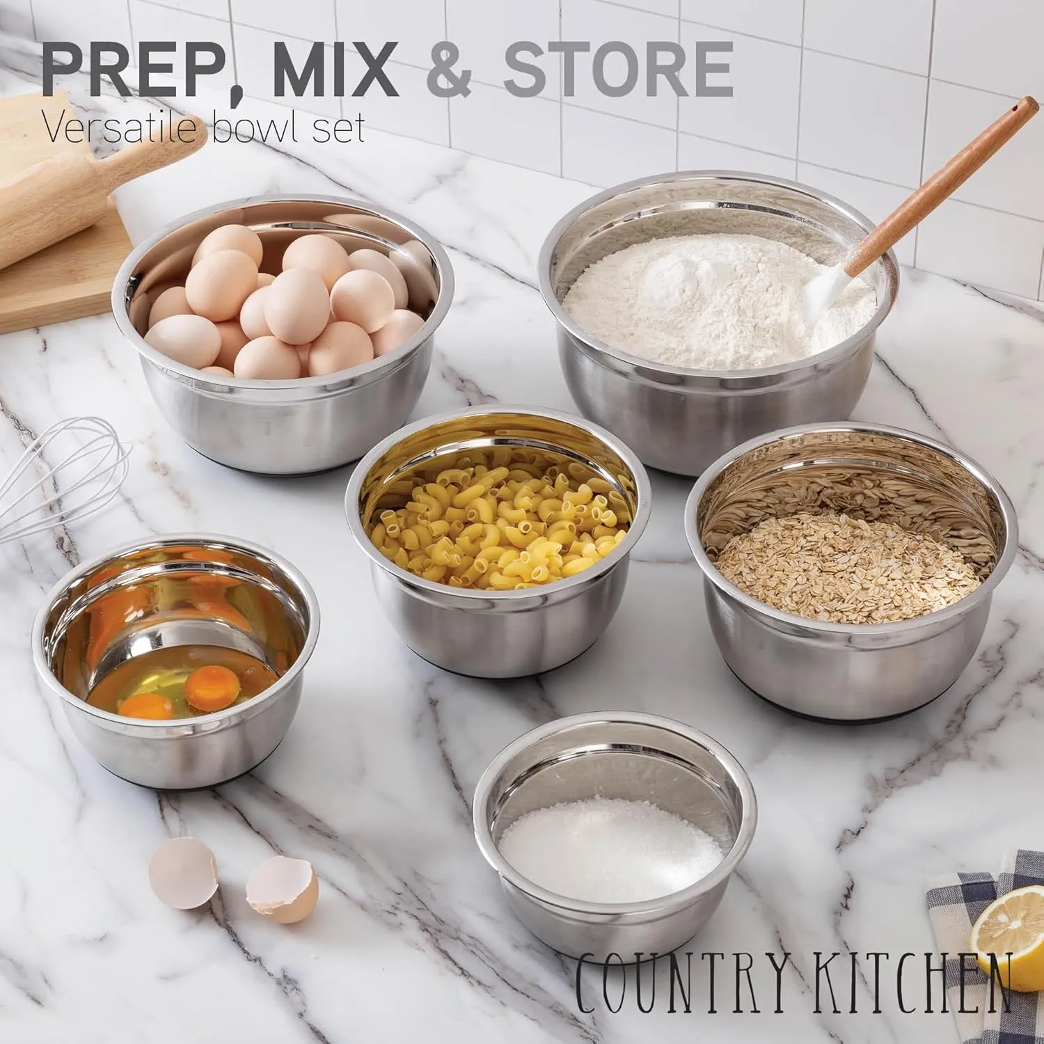 Country Kitchen Mixing Bowls with Airtight Lids - 12 piece Stainless Steel Metal Nesting Storage Bowls, Non-Slip Bottoms (Grey)