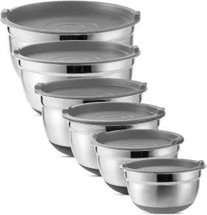 Country Kitchen Mixing Bowls with Airtight Lids - 12 piece Stainless Steel Metal Nesting Storage Bowls, Non-Slip Bottoms (Grey)