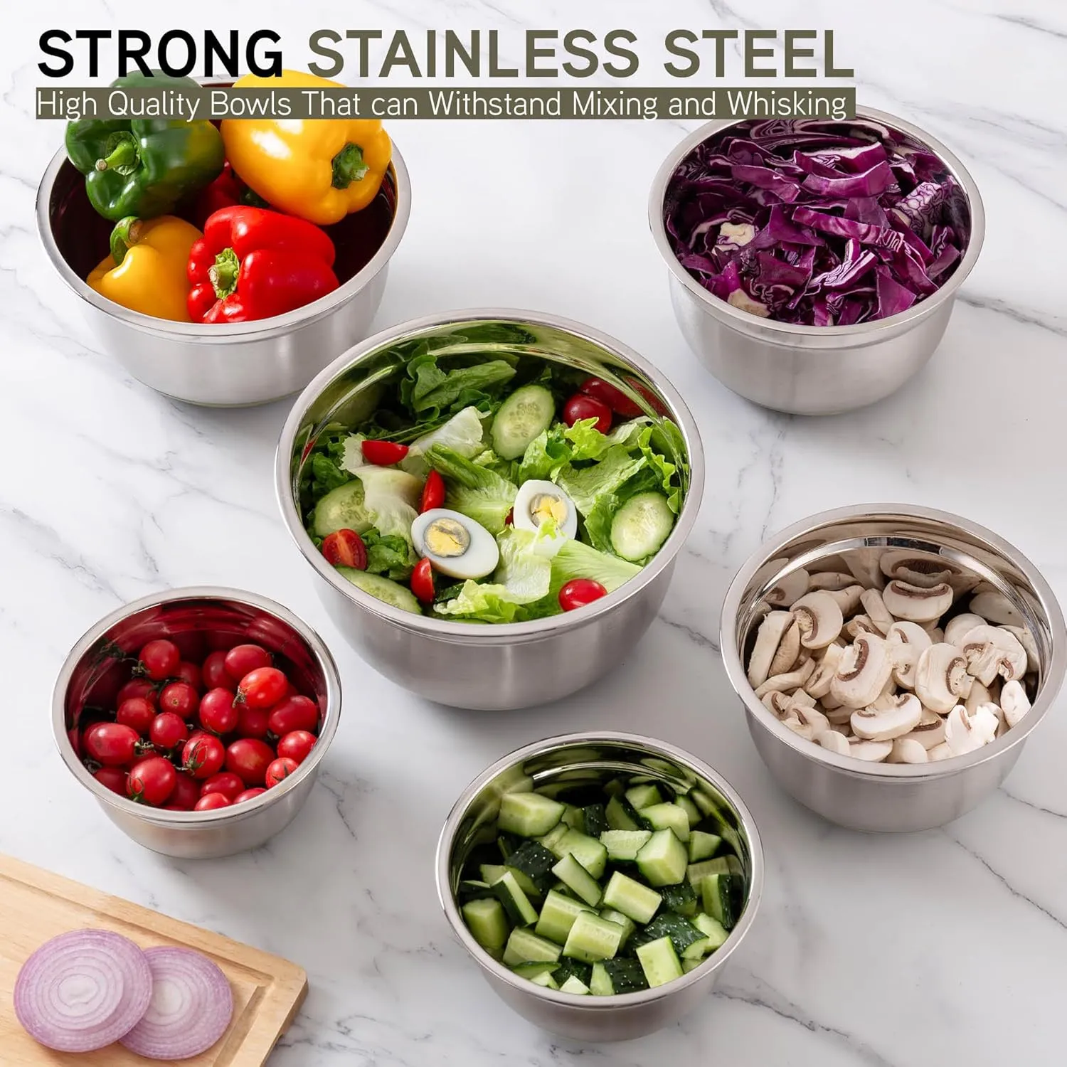 Country Kitchen Mixing Bowls with Airtight Lids - 12 piece Stainless Steel Metal Nesting Storage Bowls, Non-Slip Bottoms (Khaki)