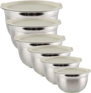 Country Kitchen Mixing Bowls with Airtight Lids - 12 piece Stainless Steel Metal Nesting Storage Bowls, Non-Slip Bottoms (Khaki)