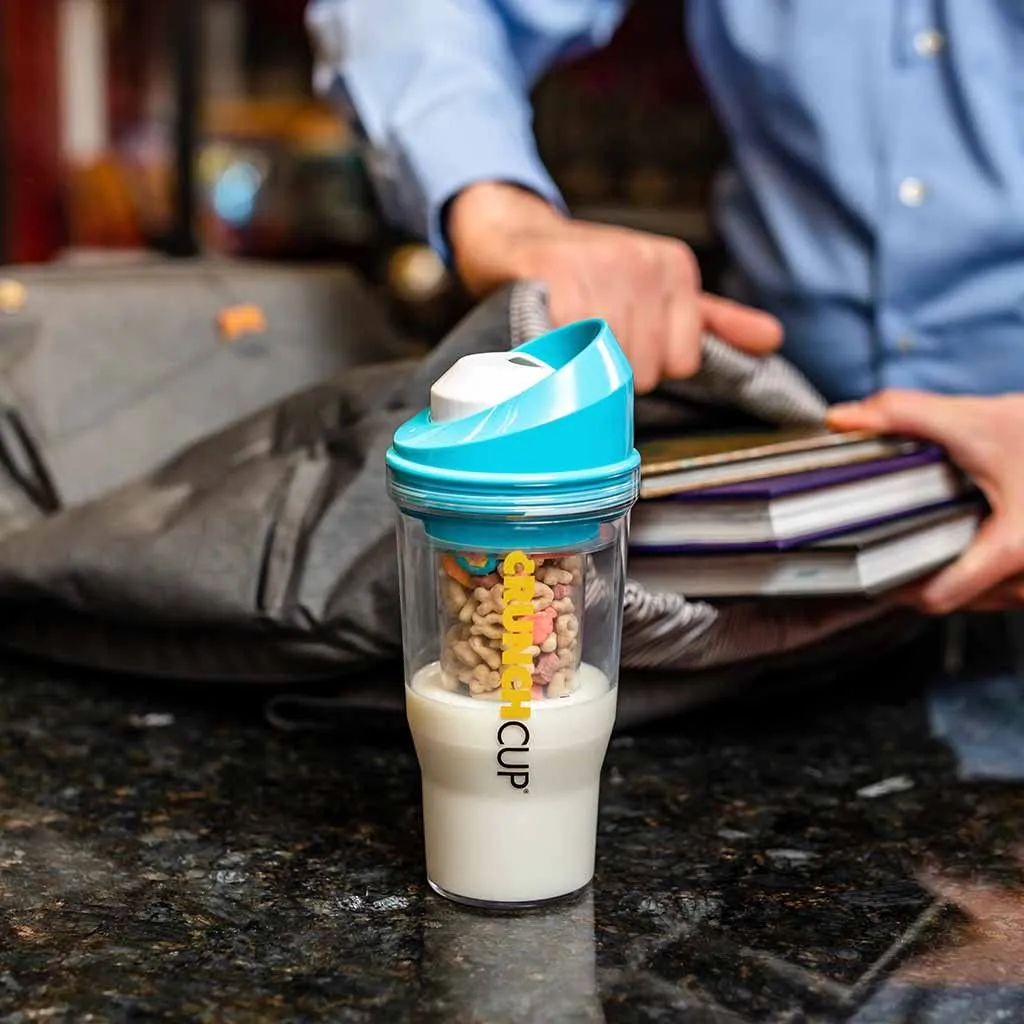 CRUNCHCUP XL Blue - Portable Plastic Cereal Cup for Breakfast On the Go, To Go Cereal and Milk Container, No Spoon or Bowl Required