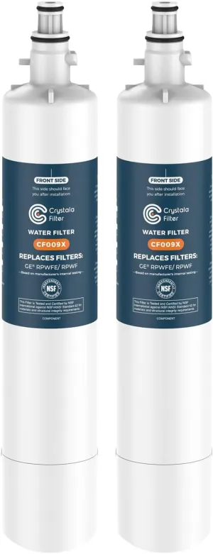 Crystala Filters Replacement for GE® RPWFE, RPWF (with CHIP) Refrigerator Water Filter, Compatible with WSG-4, WF277, GFE28GMKES, PFE28KBLTS, GYE22HMKES, DFE28JSKSS, GFE28GYNFS, GFD28GYNFS, 2 Pack