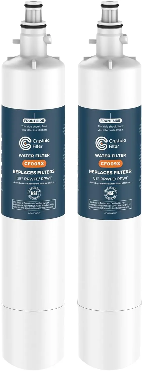 Crystala Filters Replacement for GE® RPWFE, RPWF (with CHIP) Refrigerator Water Filter, Compatible with WSG-4, WF277, GFE28GMKES, PFE28KBLTS, GYE22HMKES, DFE28JSKSS, GFE28GYNFS, GFD28GYNFS, 2 Pack