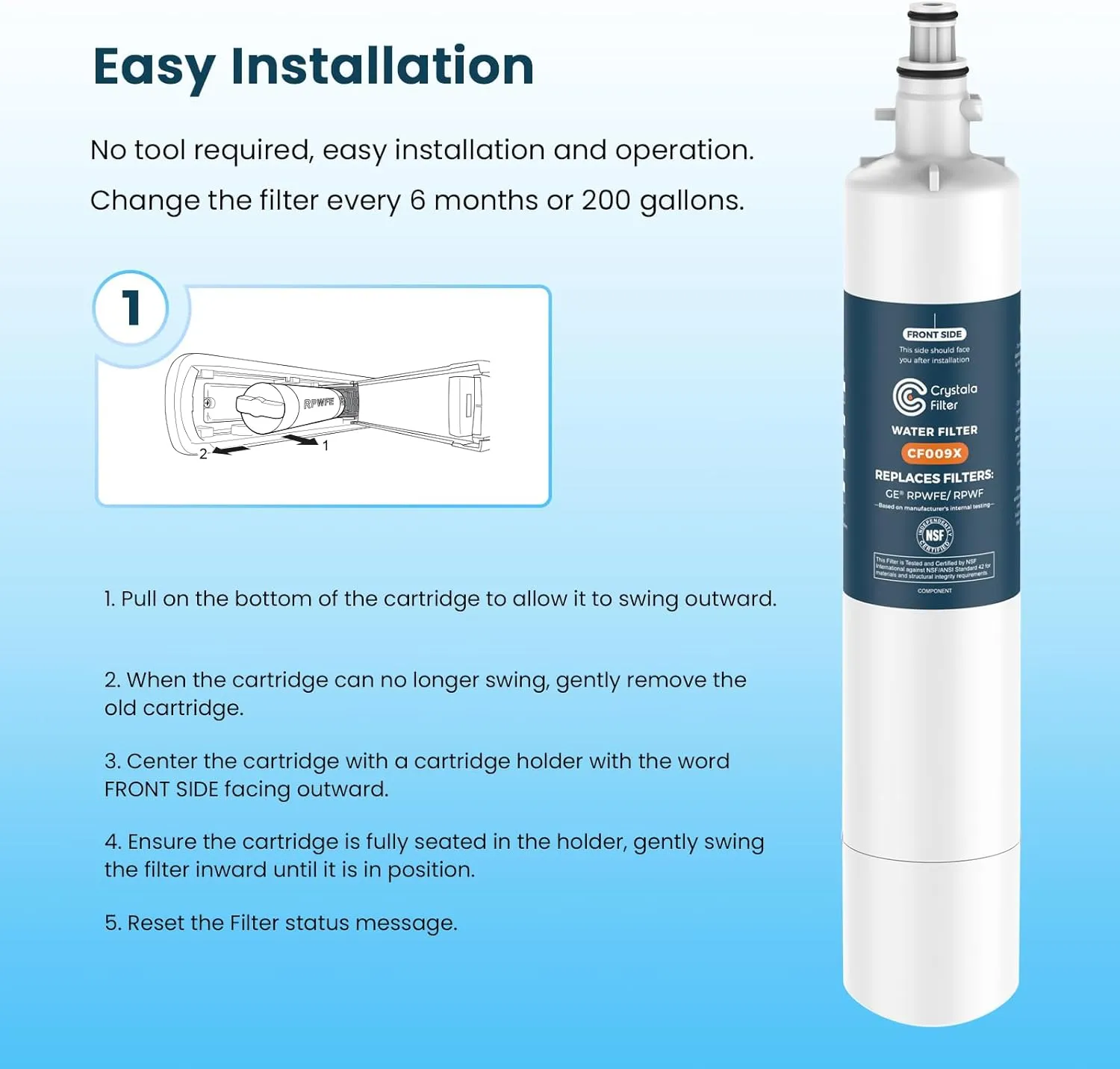 Crystala Filters Replacement for GE® RPWFE, RPWF (with CHIP) Refrigerator Water Filter, Compatible with WSG-4, WF277, GFE28GMKES, PFE28KBLTS, GYE22HMKES, DFE28JSKSS, GFE28GYNFS, GFD28GYNFS, 2 Pack