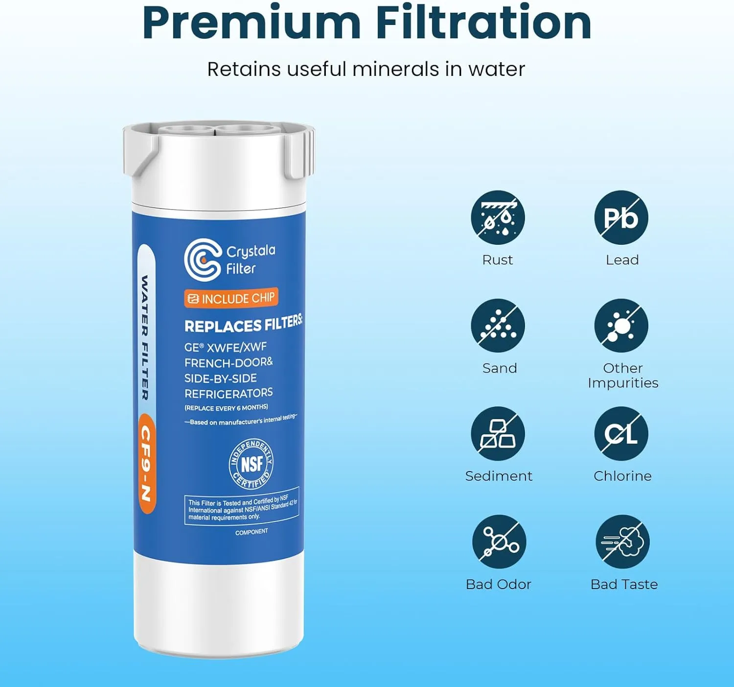 Crystala Filters Water Filter Compatible with XWFE (Built-in CHIP), Replacement for GE XWFE, XWF Refrigerator Water Filter Pack of 3