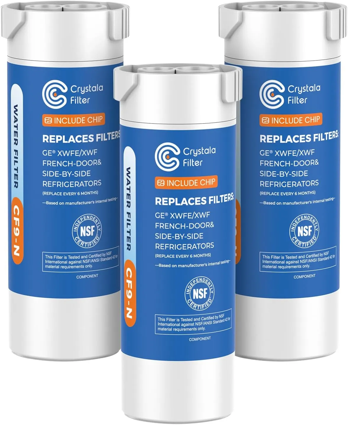 Crystala Filters Water Filter Compatible with XWFE (Built-in CHIP), Replacement for GE XWFE, XWF Refrigerator Water Filter Pack of 3