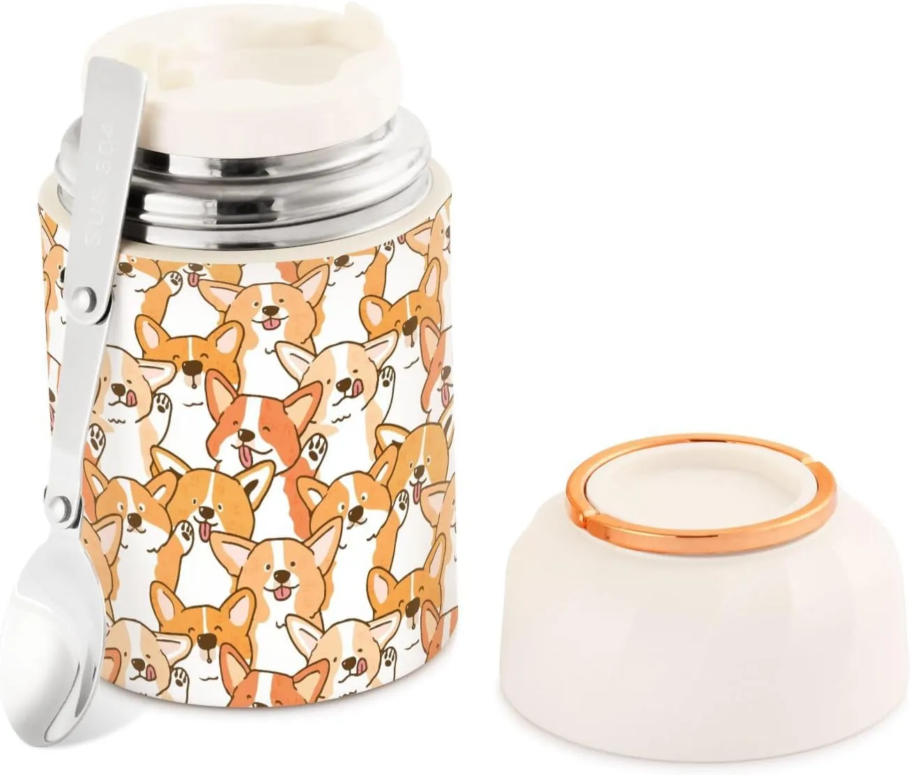 Cute Cartoon Corgi Dog for Hot Food 17OZ Insulated Food Jar with Folding Spoon/Handle Kawaii Pattern Soup Food Storage Containers for Office Travel Picnic