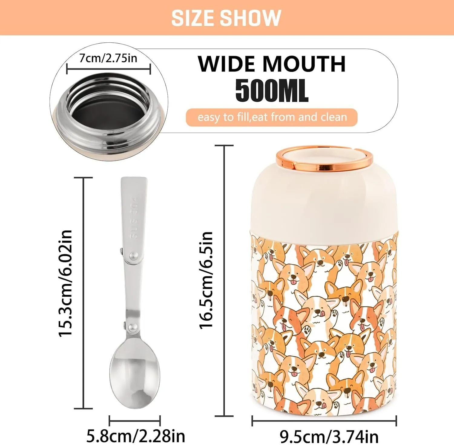 Cute Cartoon Corgi Dog for Hot Food 17OZ Insulated Food Jar with Folding Spoon/Handle Kawaii Pattern Soup Food Storage Containers for Office Travel Picnic