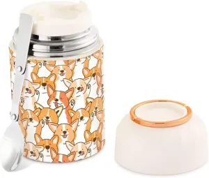 Cute Cartoon Corgi Dog for Hot Food 17OZ Insulated Food Jar with Folding Spoon/Handle Kawaii Pattern Soup Food Storage Containers for Office Travel Picnic