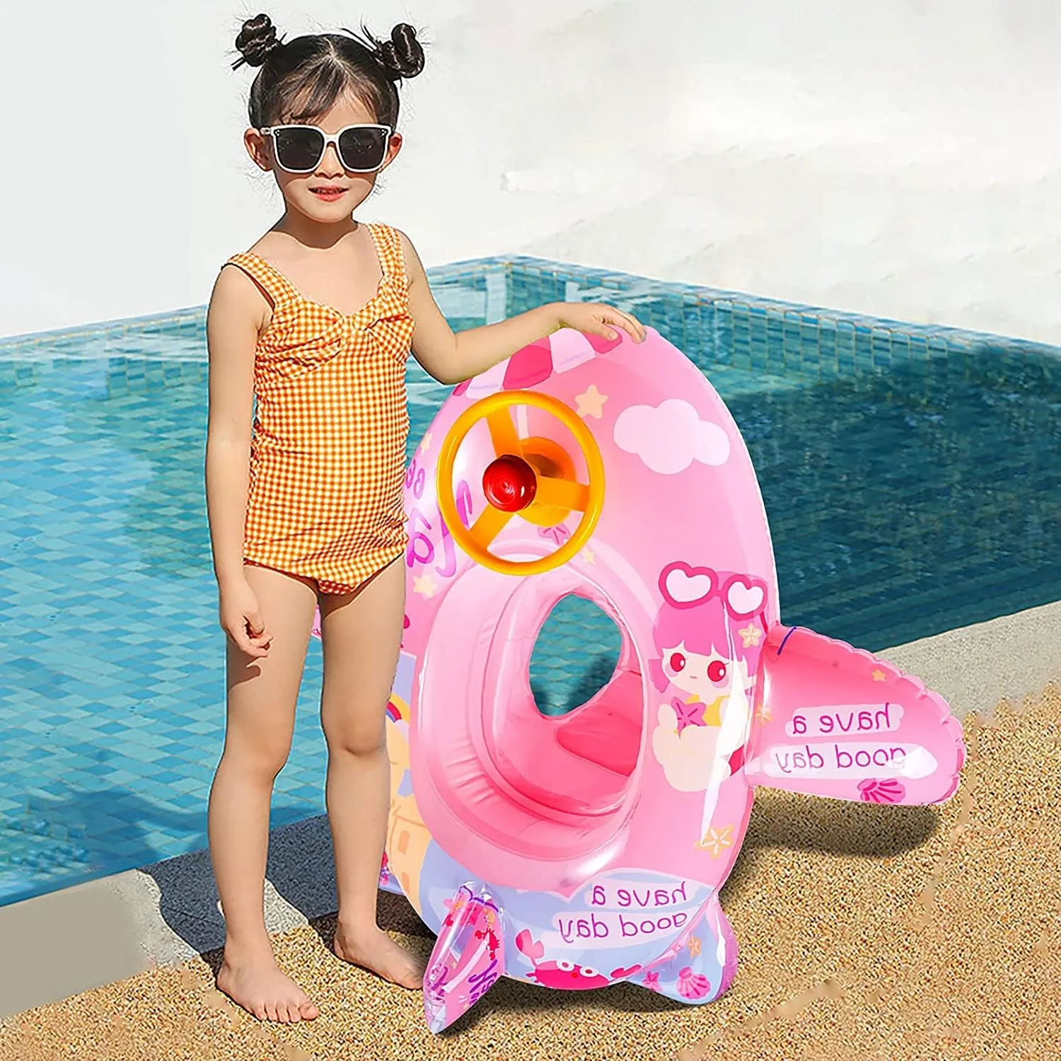 Cute Child Kids Inflatable Pool Float PVC Summer Swim Float Air Bed Lake Boat Swimming Floats with 2 Handles Surfing Raft Bodyboard Floating Mattress Seat Swim Ring for Girls Boys 1-5 Years